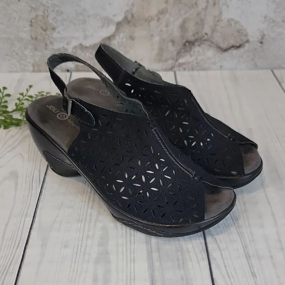 JBU Monica Adventure Black Slingback Laser Cut Sandals Womens Size 8.5M